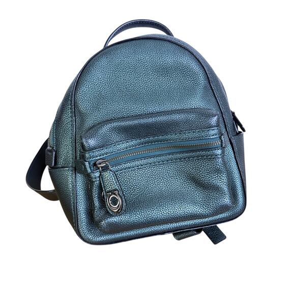 Coach Petite Campus Backpack 23 Green Metallic Polished Pebbled Leather Charm - Picture 1 of 16